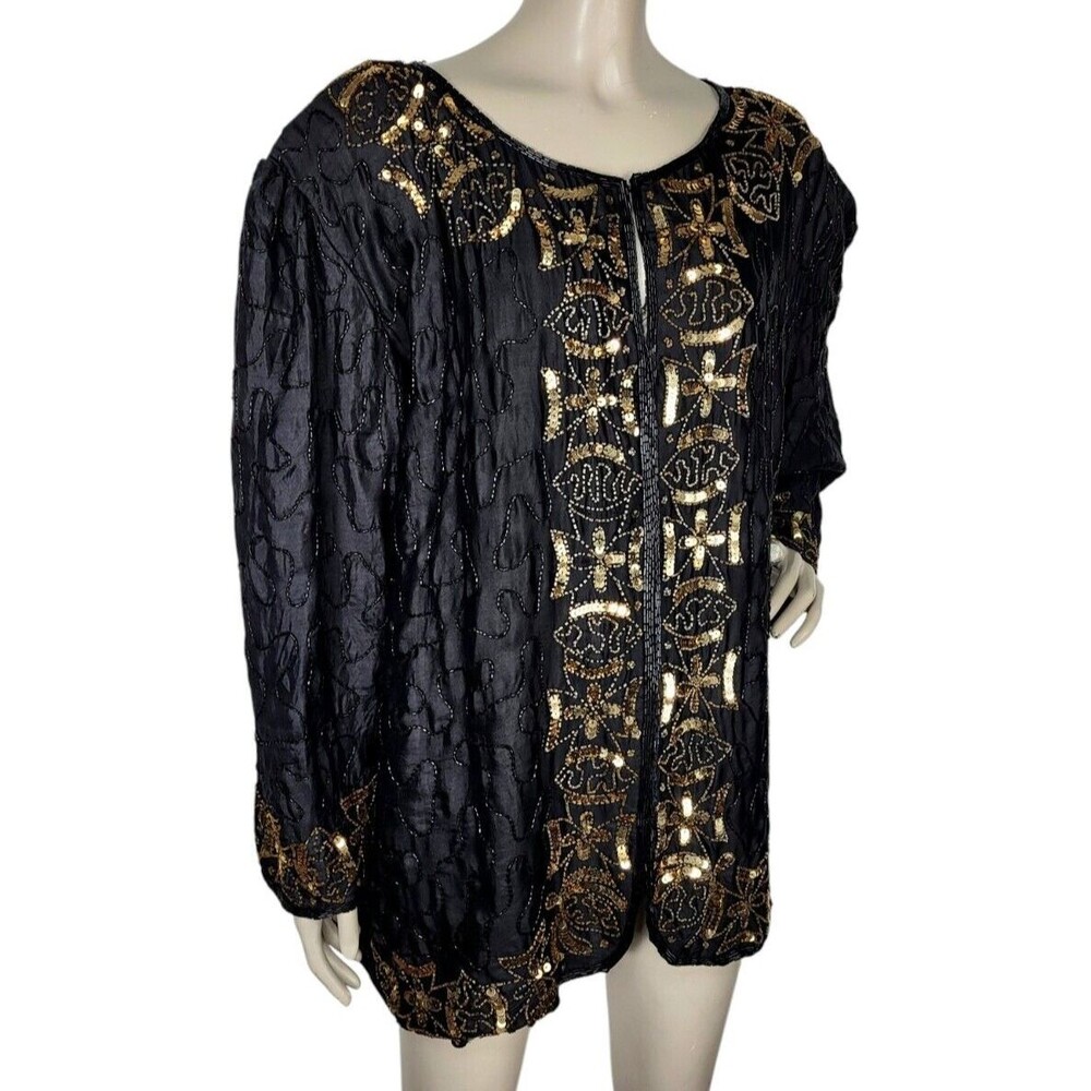 Vintage 80s 100% Silk Beaded Sequined Puff Sleeve Formal Church Jacket Plus 2X